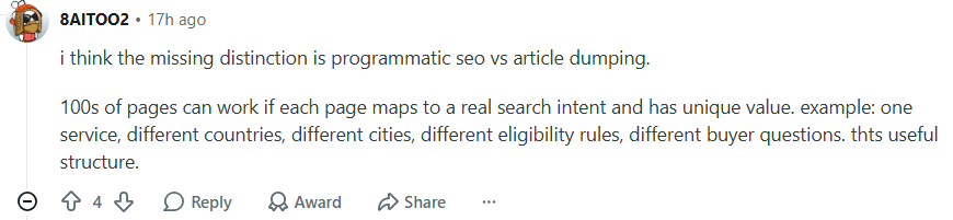 SEO comment about programmatic pages with unique search intent