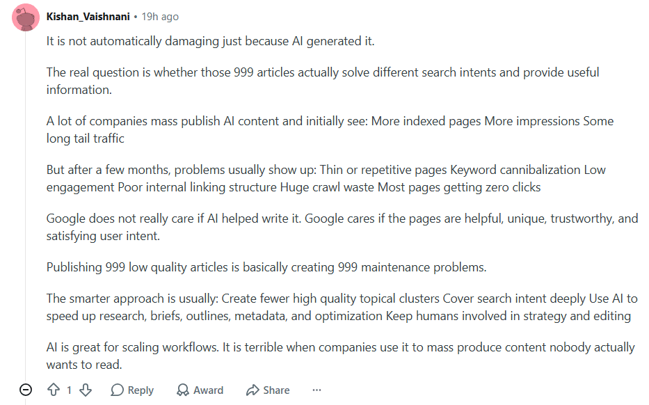 SEO comment saying 999 low quality articles create 999 maintenance problems