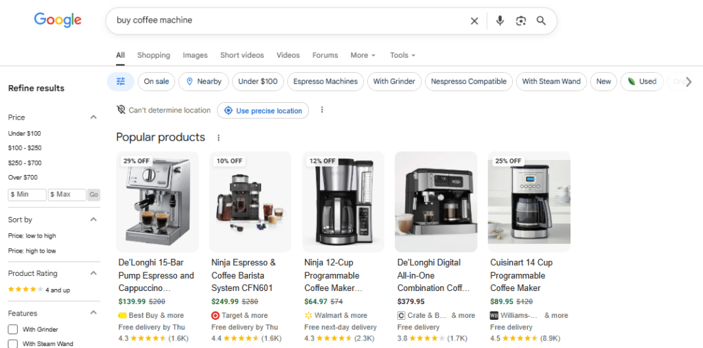 Google search results for a transactional type search query buy coffee machine