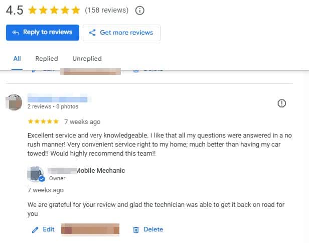 gbp reviews response mobile mechanic