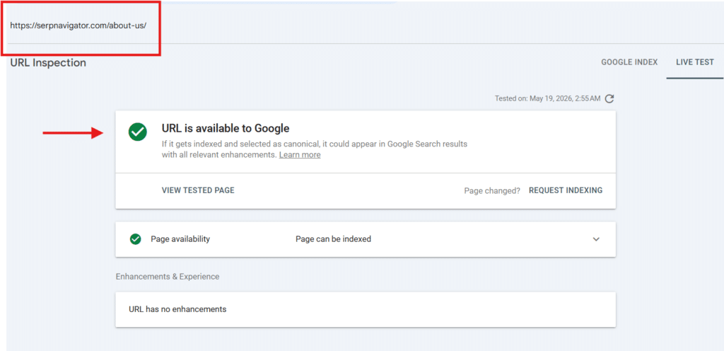 google live test in GSC