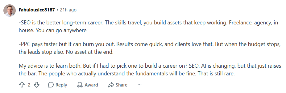 comment by FabulousIce8187 about SEO as a long-term career path