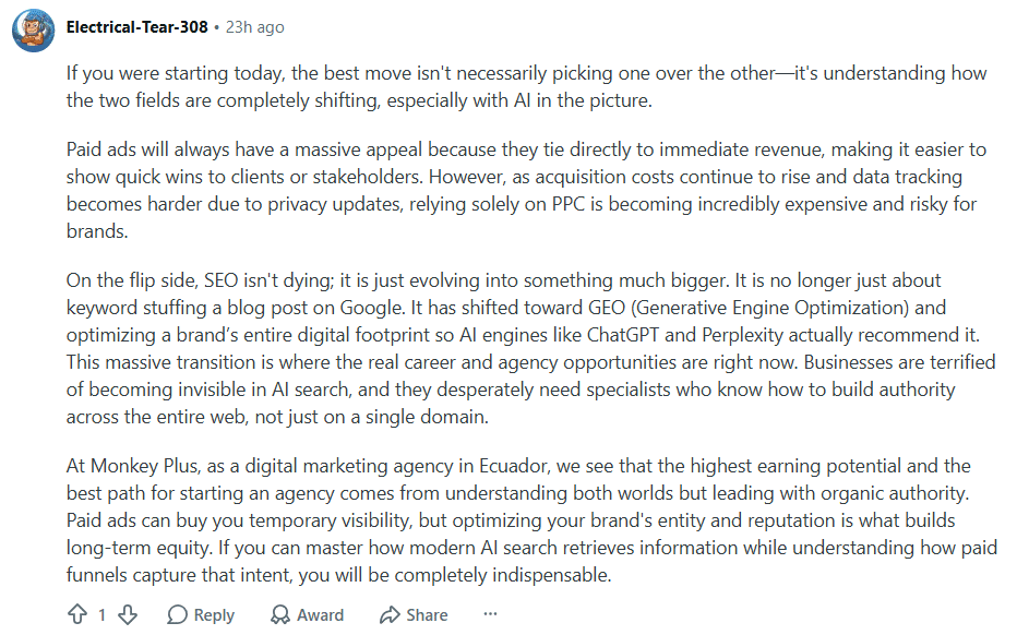 comment by Electrical Tear 308 about SEO evolving into GEO