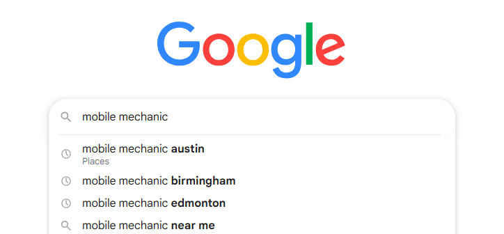 Google autocomplete suggestions for mobile mechanic keyword research